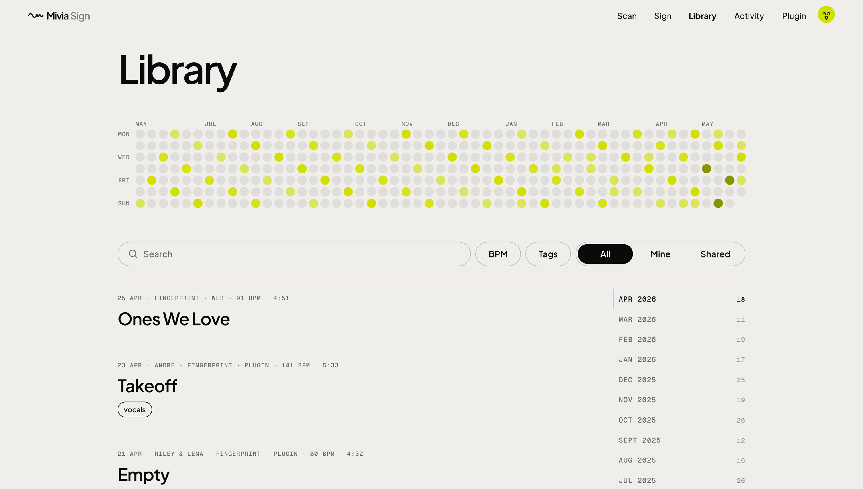 Mivia Sign /library showing a year of signed bounces - heatmap of activity above a list of tracks with creator, BPM, DAW, and signed-at metadata.