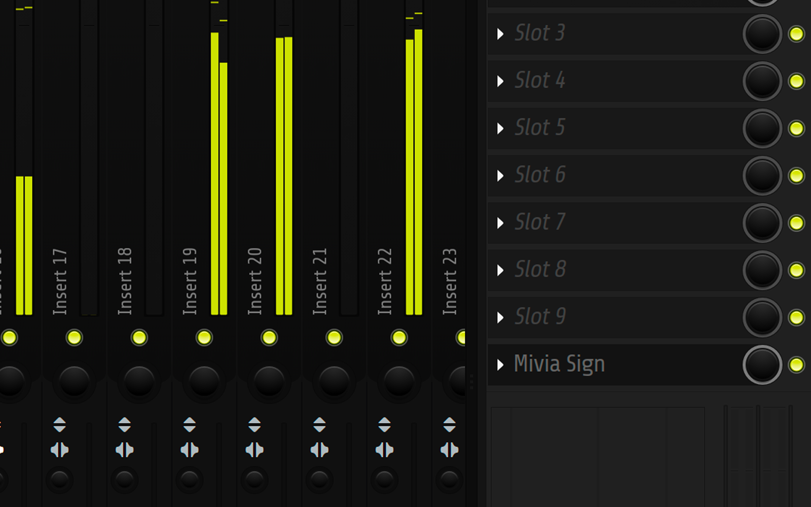 The Mivia Sign plugin loaded in an insert slot on a DAW mixer's master bus, sitting quietly among the other inserts.