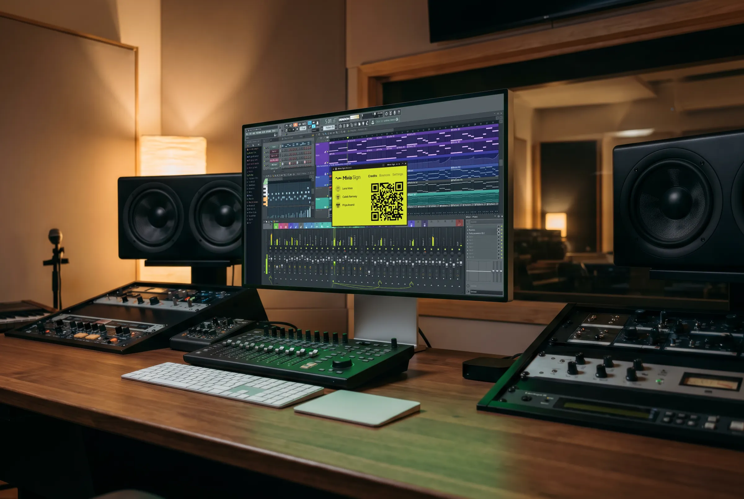 A studio mixing desk with a large display running a DAW. The Mivia Sign plugin window is docked over the timeline with its QR pairing pane open.