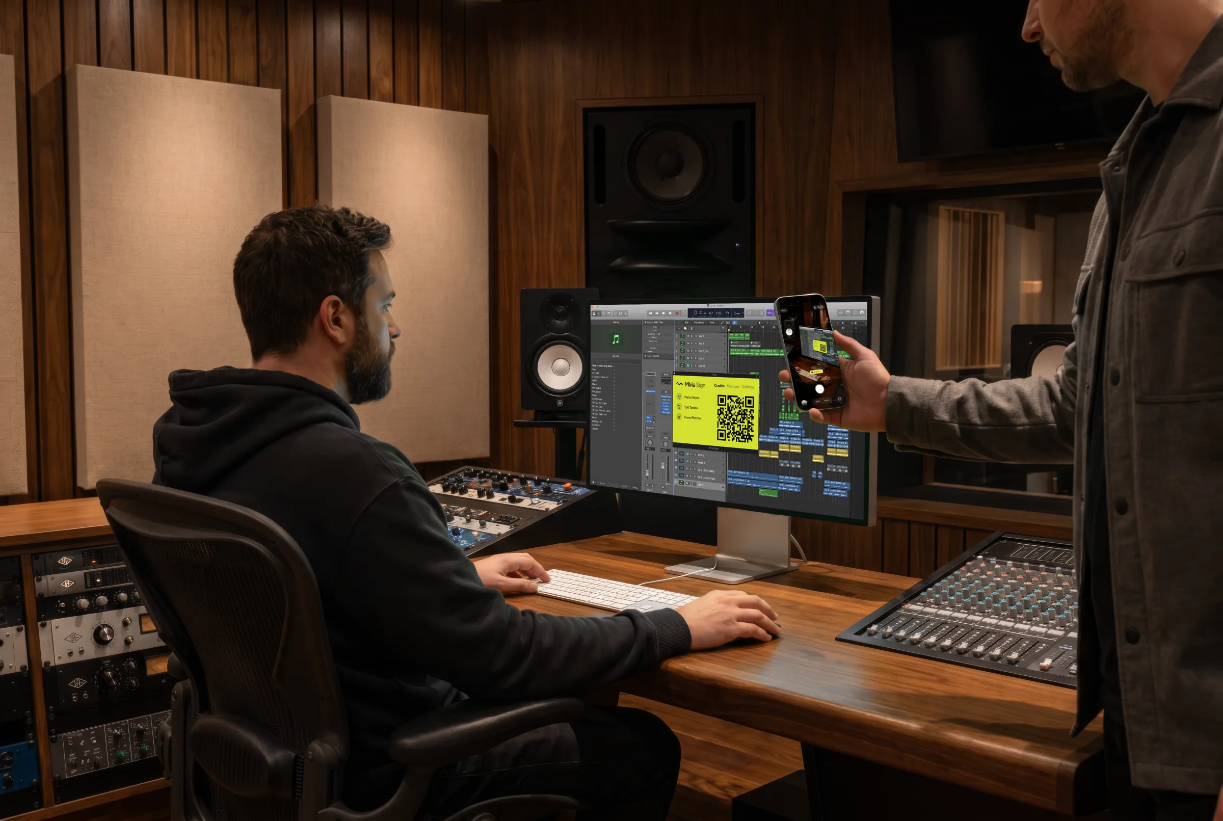 Two musicians in a studio: one seated at the mixing desk in front of a large screen showing the Mivia Sign plugin's QR pairing pane, the other standing and holding up a phone to scan it, the moment they join the credits.